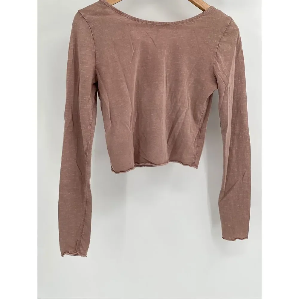 Free People Top Crop Women XS Pink‎ Mauve Embroidered V Neck Bohemian Flutter